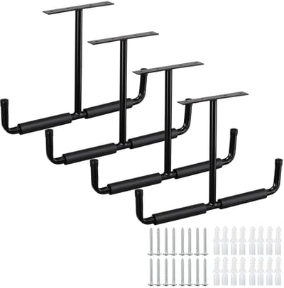 Garagehaken voor zware lasten, rubberen plafondmontage, set van 4 zwarte plafondhaken, stalen dubbele punt 20 cm, kelder, thuiswerkplaats, plafondhouder voor ladder, gereedschap, fietsen, sporttoestel