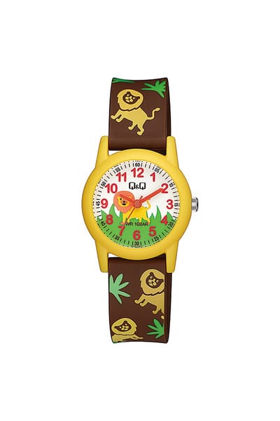 Q&Q V22A-019VY - Horloge - Sport - Analoog - Kinderen - Unisex - Plastic band - Rond - Kunststof - Cijfers - Bloemen - Leeuw - Bruin - Geel - Oranje - Groen - Wit - 10 ATM