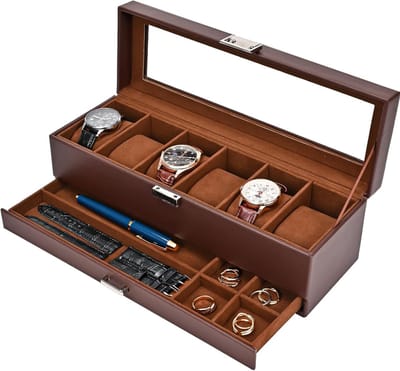 Heren Horloge Opbergdoos met Glazen Deksel, Twee Laags Systeem voor Sieraden en Horloges, 6 Slots, Espresso Kleur, Unisex Design