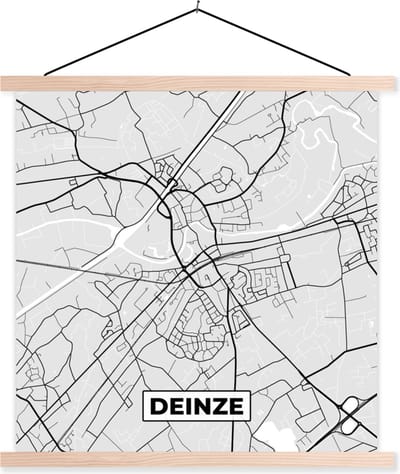 Posterhanger incl. Poster 40x40 cm - Schoolplaat - België – Deinze – Stadskaart – Kaart – Zwart Wit – Plattegrond - Textielposter - Blanke latten - Stadskaart