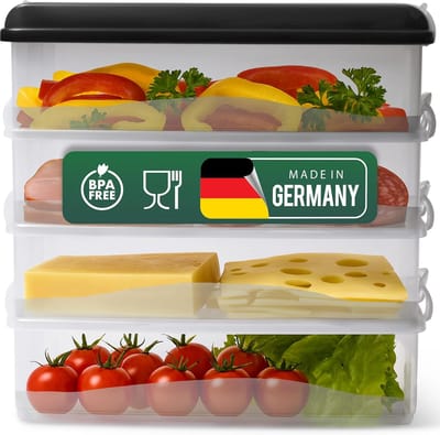 Novaliv 4x grote voedselcontainers met 1x deksel, stapelbaar voor koelkast en vriezer, set opslagcontainers, opbergdoos organizer, voor vleeswaren, worst, kaas, fruit, groenten, maaltijdvoorbereidingscontainer