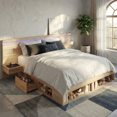 MODENUIT Bed 180x200 cm – Met Ledverlichting en USB-C Laadpunten – Met Opbergruimte en Nachtkastjes – Zonder Matras – Naturel