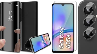 Hoesje geschikt voor Samsung Galaxy A05s - Screenprotector Glas & Camera - Spiegel Book Case Zwart
