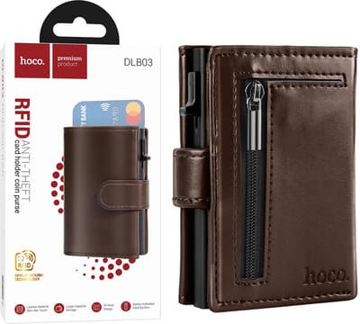 Hoco Pasjeshouder met Rits - Bruin - Uitschuifbaar Creditkaarthouder mannen & Vrouwen - Anti-theft Portemonnee met RFID - 10 Pasvakjes Pop up Wallet met Brief- en Muntgeld Vakken