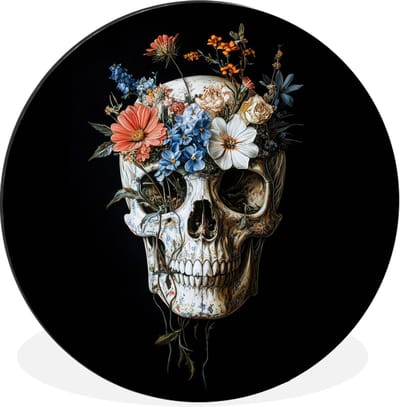 WallCircle - Wandcirkel - Muurcirkel - Bloemen - Schedel - Kleurrijk - Aluminium - Dibond - 30x30 cm - Binnen en Buiten