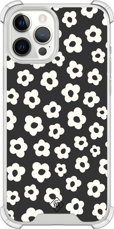 Casimoda® hoesje - Geschikt voor iPhone 12 Pro Max - Retro Bloempjes - Shockproof case - Extra sterk - TPU/polycarbonaat - Zwart, Transparant