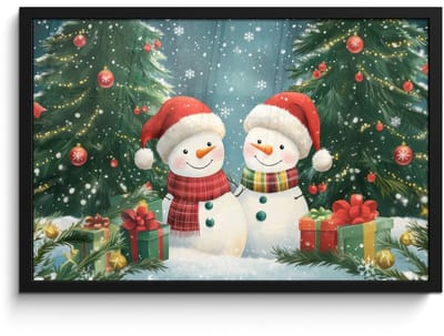 Poster in lijst - Fotolijst 60x40 cm - Posters - Sneeuwpop - Kerstsneeuw - Groen - Rood - Posterlijst zwart - Decoratie - Wanddecoratie woonkamer - Muurdecoratie slaapkamer - Kerstversiering - Kerstdecoratie voor binnen - Kerstmis