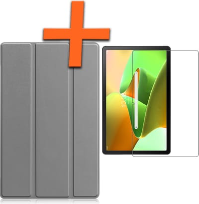 Hoesje - Geschikt voor Lenovo Tab M10 Plus (3e / 3rd Generatie) - Met Screenprotector - Trifold Bookcase - Hard Cover - Hardcover Book Case - Tablet Hoes - Grijs