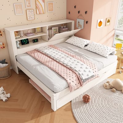 MODFU Bedframe 140x190 cm van hout – wit – met uitschuifbed 90x190 cm, opbergruimte en laadstation – slaapbank design