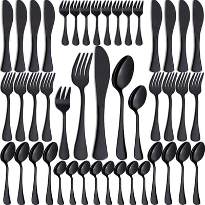 40-delige bestekset, zwart, roestvrij staal, bestekset voor 8 personen, bevat messen, vorken, lepels, theelepels, taartvorken, vaatwasmachinebestendig (zwart)