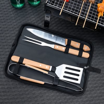 5 Delig BBQ Gereedschapset in Draagtas - Barbeque accessoires Set - Grill - Barbeque Tang Spatel Mes Vork - Rvs - Hout