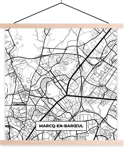 Posterhanger incl. Poster 40x40 cm - Schoolplaat - Stadskaart - Plattegrond - Kaart - Marcq-en-Barœul - Frankrijk - Zwart wit - Textielposter - Blanke latten - Stadskaart
