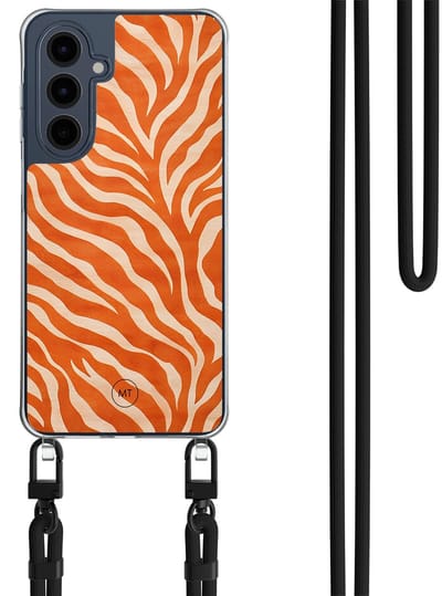 Hoesje met koord geschikt voor Samsung Galaxy A16 - Zebra oranje - Inclusief Zwart koord - Crossbody beschermhoes - Transparant, Oranje - Mooie Telefoonhoesjes