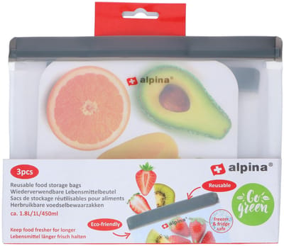 Alpina Herbruikbare Voedselbewaarzakken - Set van 3 Stuks - 1,8L, 1L en 450ml - Lekvrij en Luchtdicht Afsluitbaar - Geschikt voor Koelkast en Vriezer - Transparant