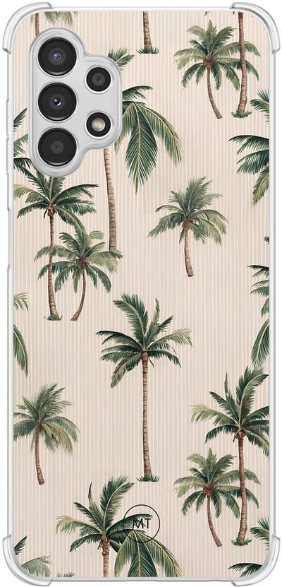 Hoesje (shockproof) geschikt voor Samsung Galaxy A13 4G - Palmbomen print - Extra sterke case - TPU/polycarbonaat - Tekst - Beige, Transparant