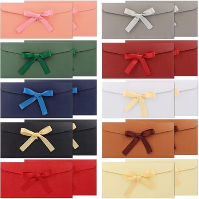 20 Stuks Kleurrijke Enveloppen met Ribbons, Vintage Kraft Papier (22x11cm) voor Handgemaakte Uitnodigingen, Bruiloften en Feestdagen (10 Kleuren)