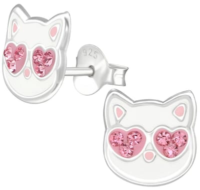 Joy|S - Zilveren kat poes oorbellen - 8 mm - kristal roze hartjes