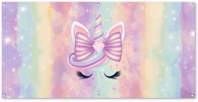 Tuinposter 160x80 cm - Tuindecoratie Eenhoorn - Glitters - Regenboog - Pastel - Poster voor in de tuin - Buiten decoratie - Schutting tuinschilderij - Tuindoek muurdecoratie - Wanddecoratie balkondoek
