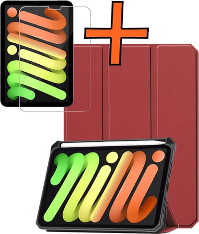 Hoesje - Geschikt voor Apple iPad Mini 7 (2024) - 8.3 inch - 7e Generatie - Met Screenprotector - Trifold Bookcase - Hard Cover Case - Met Uitsparing Geschikt voor Apple Pencil - Hardcover Book - Tablet Hoes - Donkerrood