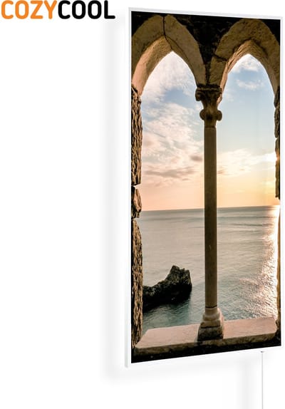 Infraroodpaneel met afbeelding | Prachtig uitzicht door raam Portovenere | 1200 Watt | Witte lijst | Infrarood verwarmingspaneel | Infrarood paneel | Infrarood verwarming