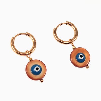 ∅14mm Oorringen met Bruine Ronde Schelp Hanger - Verguld Stalen - Dames Oorbellen met Turkoois Turkse Oog