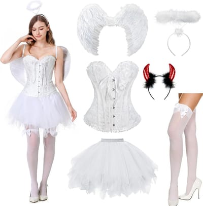 Kostuum Set: Engel en Duivel Vleugels met Kant Corset en Accessoires voor Dames