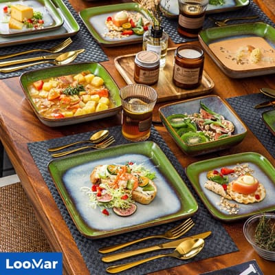 LooMar Luxe Serviesset – 16 delig – 4 persoons – Porselein - Bordenset – Dinner platen – Dessertborden - Kommen - Groen - Set