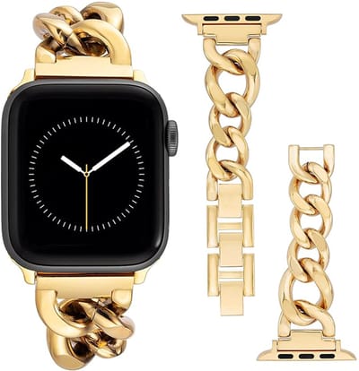 Stravo Metalen Chain Horlogebandje – Geschikt voor Apple Watch 42mm (Series 11/10), 41mm (Series 7/8/9), 40mm (Series 4/5/6, SE 1/2/3), 38mm (Series 1/2/3) – Sieraden Horlogeband met Grove Schakelketting – Goud