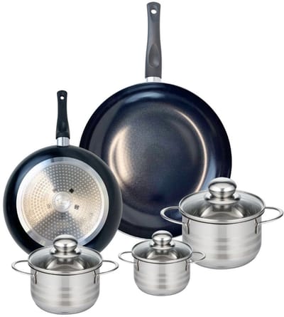 Set van 2 Koekenpannen 24 en 32 cm en 3 kookpotten 12, 14 en 16 cm Elo Prima Glanzend