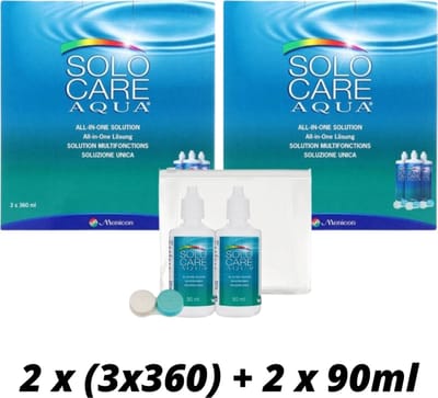 SOLOCARE Aqua 2x voordeelpak: 3x360ml + 3lenshouders + reisverpakking 2x90ml + 1 lenshouder- lenzenvloeistof