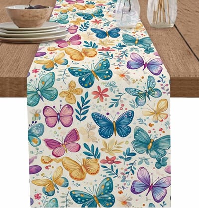 Chemin de table en lin Papillon coloré Décoration de fête Lavable Aquarelle Été Cuisine Table à manger Chemin de table Écharpe de commode Décor 150x33cm blue