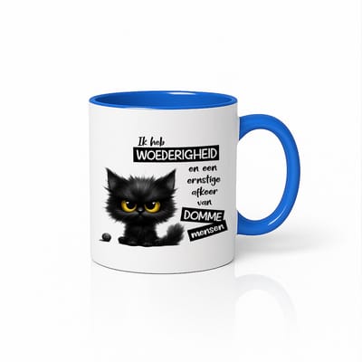 Grappige Boze Kat Wit-Blauwe Mok – “Ik Heb Woedigheid en een Ernstige Afkeer van Domme Mensen” – 330 ml Keramische Koffiemok