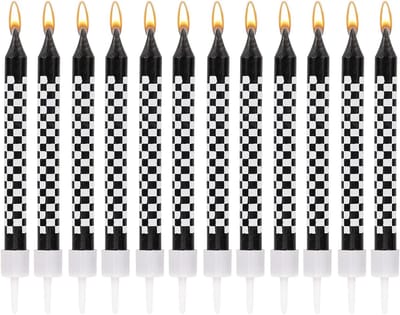 12 Stuks Verjaardagskaarsen met Raceautothema, Zwart Witte Verjaardagstaartkaarsendecoraties voor Raceautofeest Verjaardagsfeestje Babyshowergunsten