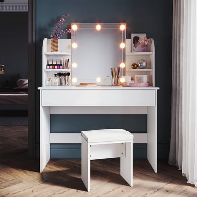Witte Make-uptafel met Verlichting en Spiegel - Multifunctionele Kaptafel met Kruk en Opbergruimte