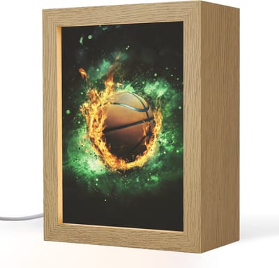 Nachtlampje 15x20 cm - Kinder lampje - Basketbal - Vuur - Vlammen - Groen - Tafellamp kinderkamer - Slaapkamer lamp - Bedlamp kinderen - Kinderlampje stopcontact - Wandlamp babykamer - Nachtlampjes