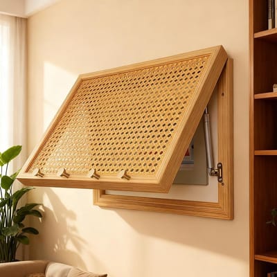 Afdekking Elektrisch Paneel - Zekeringkast Decoratie - Verbergen en Decoreren - Rotan Vlechtwerk Frame - 75 x 65 CM - Houtkleur