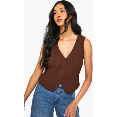 boohoo Dames Plisse vest met knoppen aan de voorkant | Chocoladebruin | Maat: 34