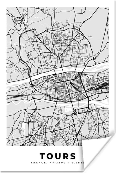 Poster Frankrijk - Plattegrond - Kaart - Tours - Stadskaart - 120x180 cm XXL
