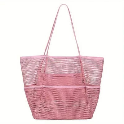 Strandtas met minivakje – Mesh Strandtas – Grote, opvouwbare strandtassen van mesh voor dames – Zwembad- en reistassen – Zandbestendig - Roze
