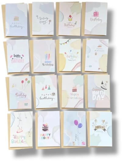 16x Verjaardagskaarten Set - cartoon - Met Kraft Enveloppen - Kleine Verjaardagskaart Versturen - Kinderen & Volwassenen - Duurzaam - 10,5 x 7 cm