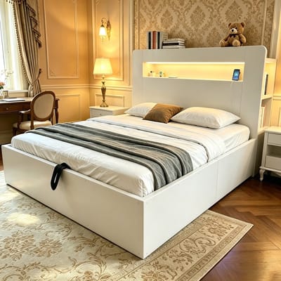 VVBV Hydraulisch Opbergbed 140x200 cm met LED-Verlichting, Planken - Hoofdbord, Hydraulische Opbergruimte - Hout Wit
