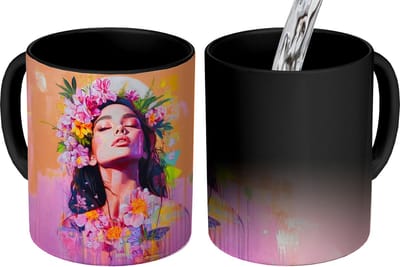 Magische Mok - Foto op Warmte Mokken - Koffiemok - Portret - Bloemenkroon - Vrouw - Magic Mok - Beker - 350 ML - Theemok