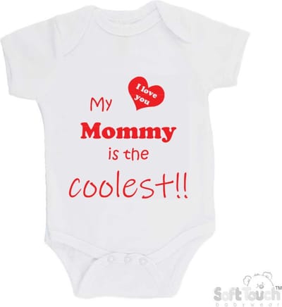100% katoenen Romper "My mommy is the coolest!! / I love you" Moeder Moederdag Mama Unisex Katoen Wit/rood Maat 56/62