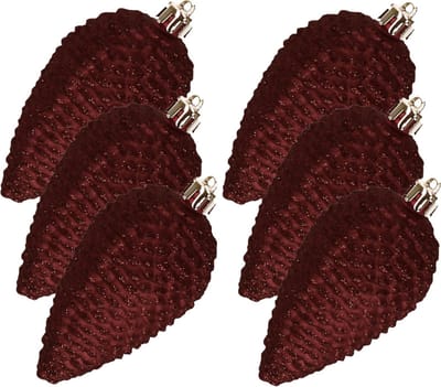 Decoris Kersthangers dennenappels - 6x -mahonie bruin - glitter - 8 cm - kunststof - kerstversiering