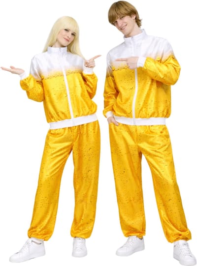 Joya Party® Retro Bier Trainingspak Volwassenen | Carnavalskleding Heren & Dames | Verkleedkleren Man Vrouw | Jaren 80 & 90 Stijl | Unisex Oversized | Verkleedpak | Carnaval, Halloween & Verkleedfeest | Bierpak | Bier Patroon | Maat XS/S