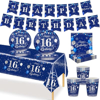 Dailygoods- Verjaardagsservies 70 Stuks - Papieren Borden/Kopjes - Servetten - Banner - Tafeldecoratie - Benodigdheden voor Feestje - Feestservies
