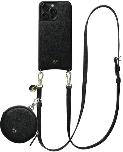 AVY Leren Hoesje geschikt voor Apple iPhone 14 Pro Max | Met Koord en Mini Telefoontasje | Compatibel met MagSafe | Leather Case met 130CM Koord & Pouch | Long Leather | Zwart