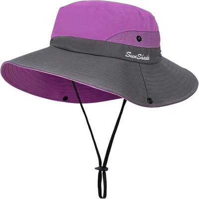 QTTVBTNA – 1 stuk Zonnehoed dames - Bucket hat- Strandhoeden - Paardenstaart zomer zon UV- Met paardenstaart-opening - bescherming hoed opvouwbare - zonnehoed met brede rand voor strand,safari,vissen - Paars