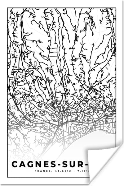 Poster Cagnes-sur-Mer - Frankrijk - Plattegrond - Stadskaart - Kaart - Zwart wit - 120x180 cm XXL