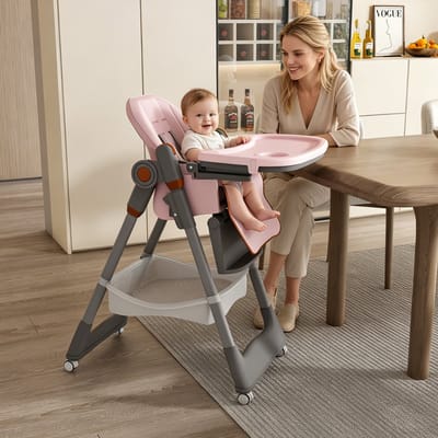 KOMHTOM Verstelbare Kinderstoel - 0-6 Jaar - Draagbare Stoel met Veiligheidsgordel - Stille Vergrendelbare Wieltjes - Roze